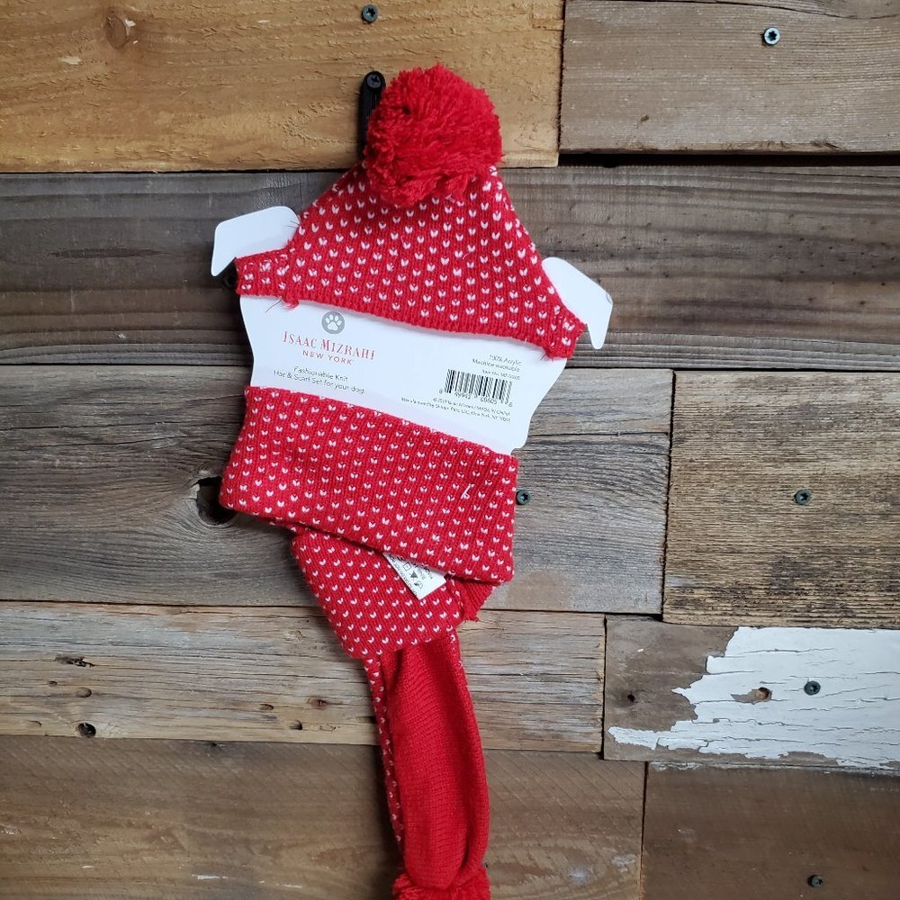 Winter Scarf and Hat Set for Dogs and Cats Neck Ear Warmer - Isaac Mizrahi - Red